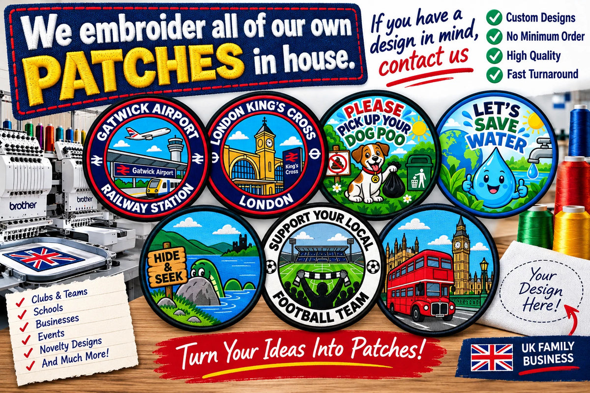 In-house patch embroidery promotion showing London bus and other patch designs beside embroidery machines