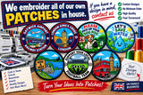 In-house patch embroidery promotion showing London bus and other patch designs beside embroidery machines