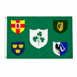 Irish Rugby flag with central shamrock shield and four surrounding shields on green background