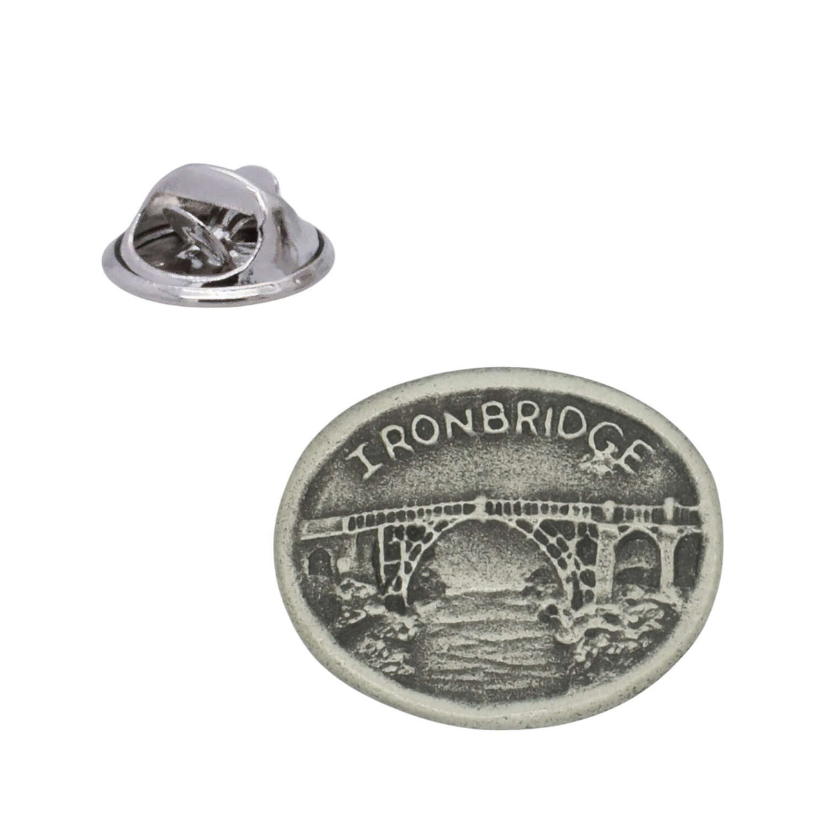 Ironbridge Shropshire pewter lapel pin badge depicting the Iron Bridge over the River Severn with butterfly clutch fastening