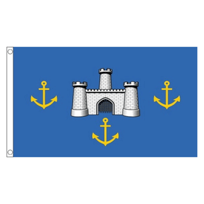 Isle of Wight Old Castles flag with white castle and three gold anchors on blue, 5ft x 3ft