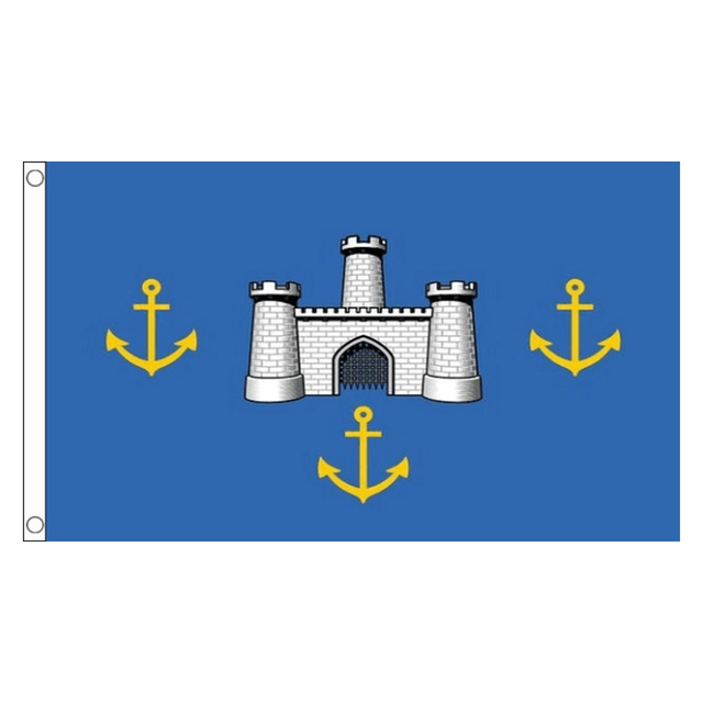 Isle of Wight Old Castles flag with white castle and three gold anchors on blue, 5ft x 3ft