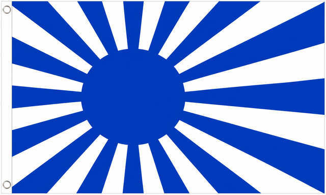 Blue Japan Rising Sun flag with blue sun and rays on white, 5ft x 3ft