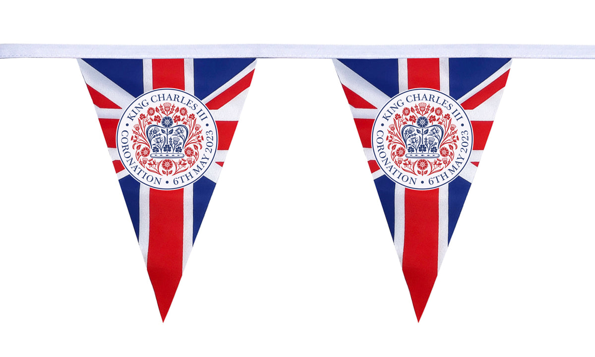 Flagmania King Charles III Coronation Logo (on Union) Triangle Bunting (15m Length)