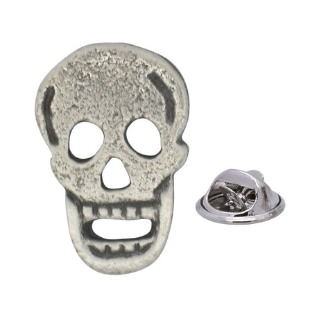 Laughing skull pewter lapel pin badge with open mouth and butterfly clutch fastening