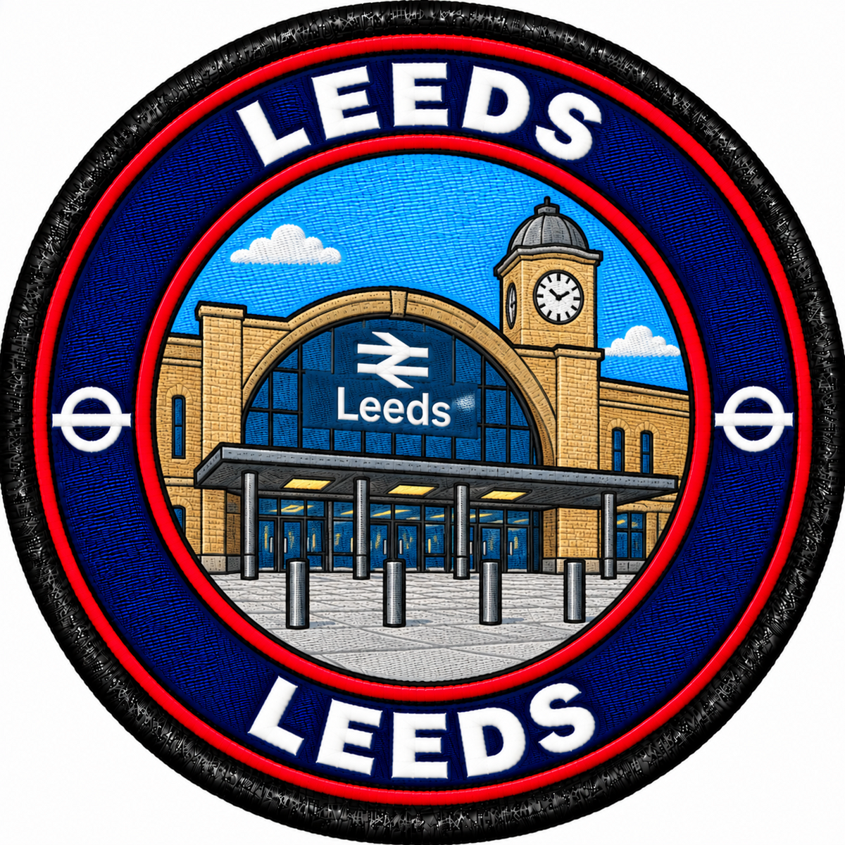 Round 80mm embroidered patch showing a stylised Leeds station entrance with a clock tower, rail symbol and white LEEDS lettering, finished with a black border.