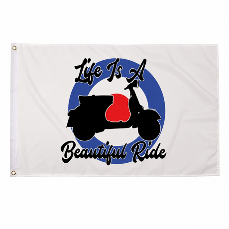 Life Is A Beautiful Ride Flag centred on square white background