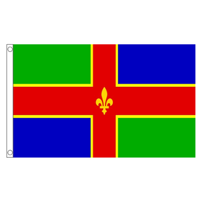 Lincolnshire county flag with red cross edged in gold, green and blue quarters and gold fleur-de-lis, 5ft x 3ft