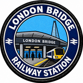 Round 80mm embroidered patch showing the London Bridge station entrance, a passenger train and the Shard, with white LONDON BRIDGE RAILWAY STATION lettering on a navy ring, finished with a black border.