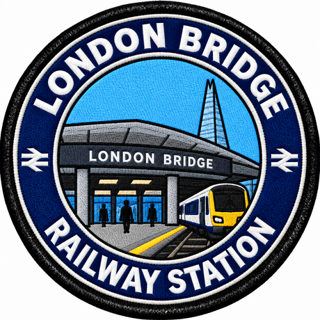 Round 80mm embroidered patch showing the London Bridge station entrance, a passenger train and the Shard, with white LONDON BRIDGE RAILWAY STATION lettering on a navy ring, finished with a black border.