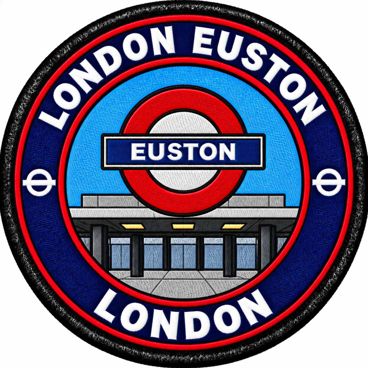 Round 80mm embroidered patch showing a red Euston roundel above a stylised station entrance, with LONDON EUSTON lettering, finished with a black border.