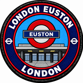 Round 80mm embroidered patch showing a red Euston roundel above a stylised station entrance, with LONDON EUSTON lettering, finished with a black border.