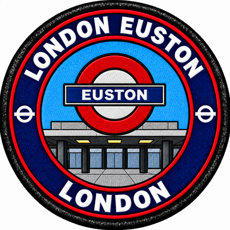 Round 80mm embroidered patch showing a red Euston roundel above a stylised station entrance, with LONDON EUSTON lettering, finished with a black border.