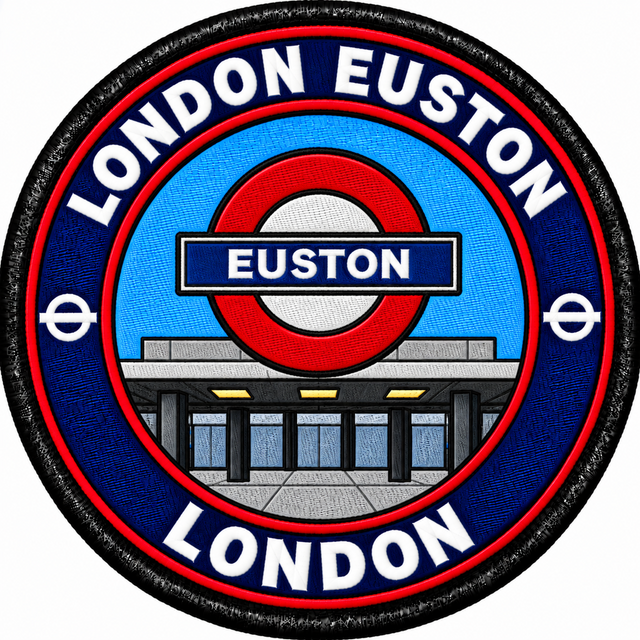 Round 80mm embroidered patch showing a red Euston roundel above a stylised station entrance, with LONDON EUSTON lettering, finished with a black border.