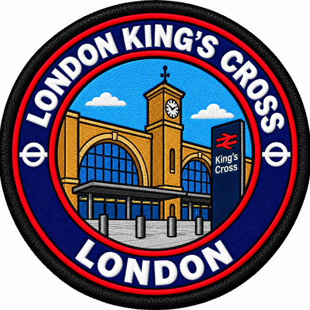 Round 80mm embroidered patch showing a stylised King's Cross station facade with twin arches, a clock tower and a railway sign, finished with a black border.