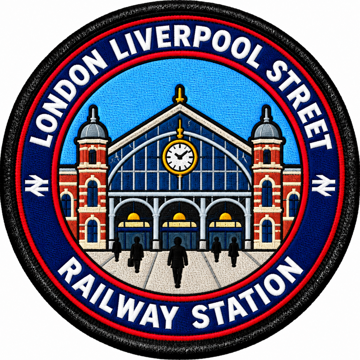 Round 80mm embroidered patch showing a stylised Liverpool Street station facade with red brick towers, a central clock and LONDON LIVERPOOL STREET RAILWAY STATION lettering, finished with a black border.