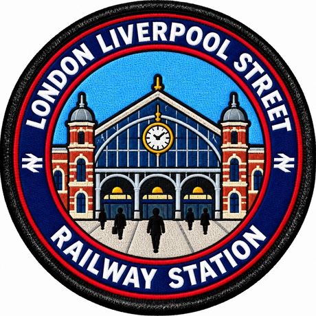 Round 80mm embroidered patch showing a stylised Liverpool Street station facade with red brick towers, a central clock and LONDON LIVERPOOL STREET RAILWAY STATION lettering, finished with a black border.