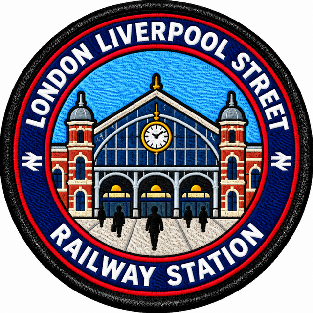 Round 80mm embroidered patch showing a stylised Liverpool Street station facade with red brick towers, a central clock and LONDON LIVERPOOL STREET RAILWAY STATION lettering, finished with a black border.