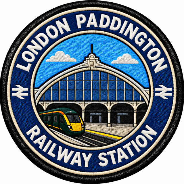 Round 80mm embroidered patch showing a green passenger train beside a stylised Paddington station facade with an arched glass roof, finished with a black border.