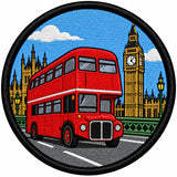 London red double-decker bus and Big Ben on an 80mm round embroidered patch with a black border
