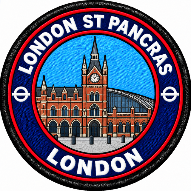 Round 80mm embroidered patch showing a stylised red-brick St Pancras station facade with a clock tower and arched roof, finished with a black border.