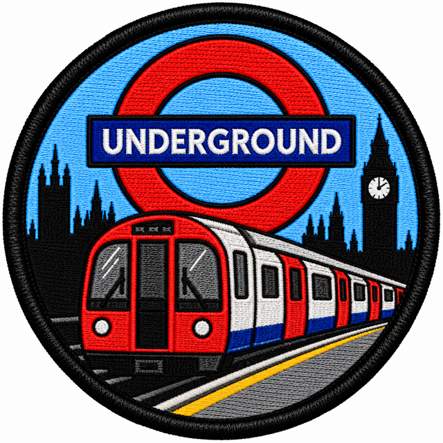 Round 80mm embroidered patch showing a red, white and blue Underground train beneath a roundel, with the Houses of Parliament and Big Ben in silhouette, finished with a black border.
