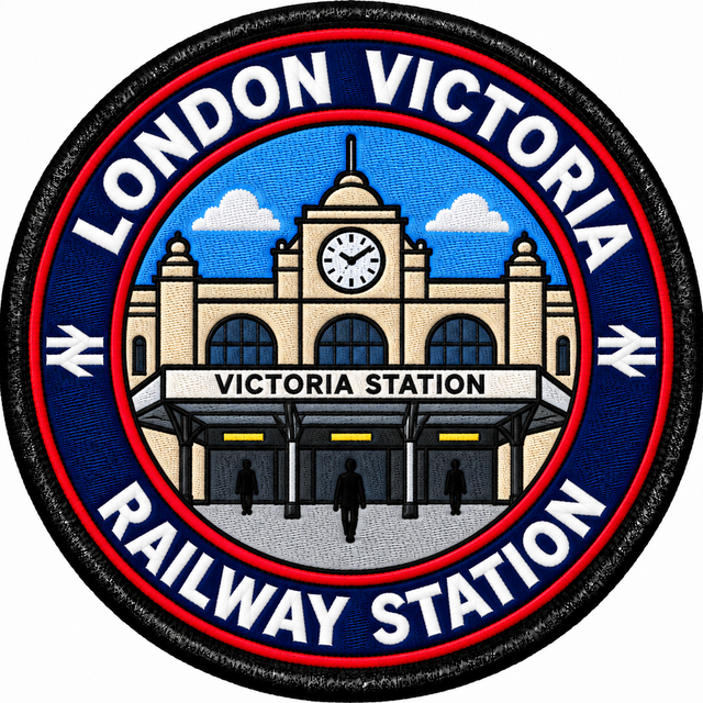 Round 80mm embroidered patch showing the Victoria station entrance and clock, with people outside and LONDON VICTORIA RAILWAY STATION lettering, finished with a black border.
