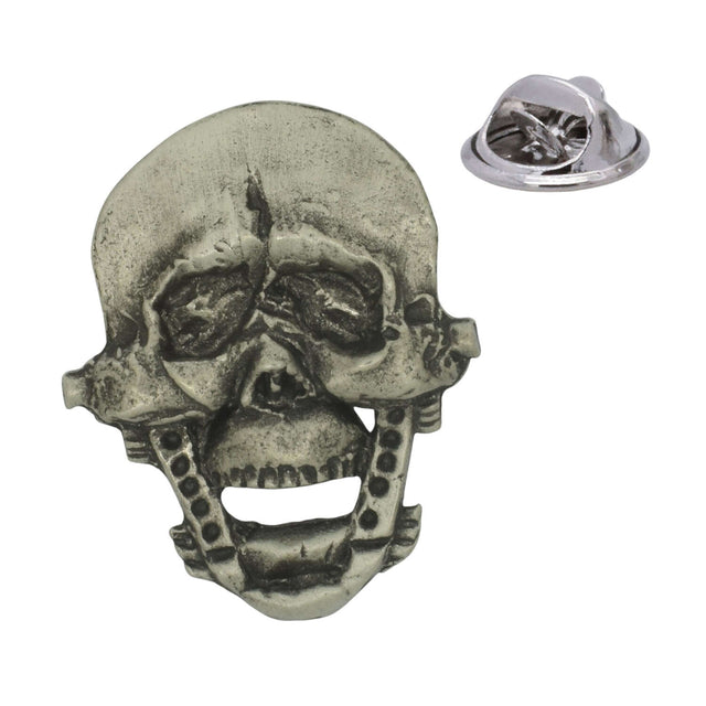 Gothic mechanical skull with open mouth and metal rivet details, pewter lapel pin badge