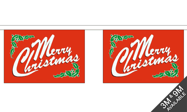 Merry Christmas Red Small Bunting Horizontal (3m Length) 3 metre bunting, 10 flags - Flagmania