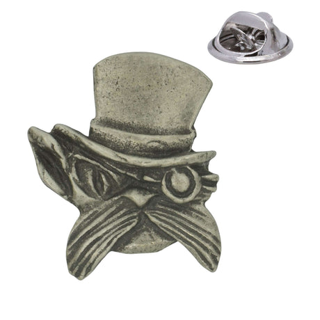 Mex the Cat steampunk cat face wearing top hat, monocle and large whiskers, pewter lapel pin badge