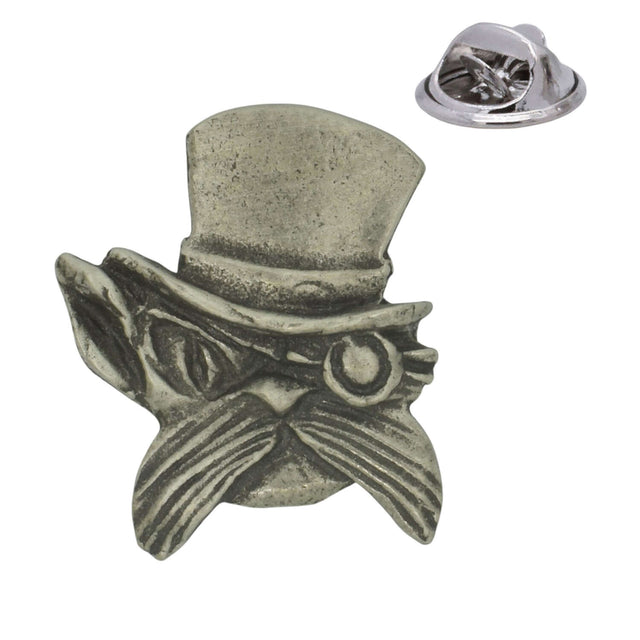 Mex the Cat steampunk cat face wearing top hat, monocle and large whiskers, pewter lapel pin badge