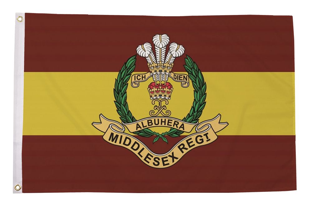 Middlesex Regiment flag with regimental emblem on maroon and yellow bands