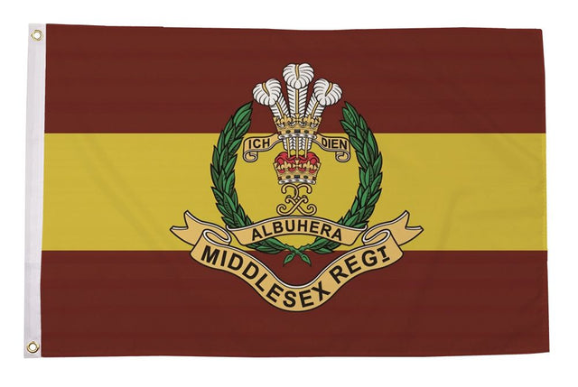Middlesex Regiment flag with regimental emblem on maroon and yellow bands