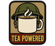 Tea Powered embroidered patch design preview – 110mm longest edge