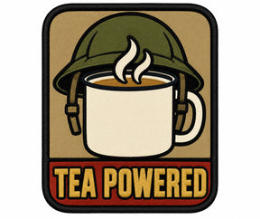 Tea Powered embroidered patch design preview – 110mm longest edge