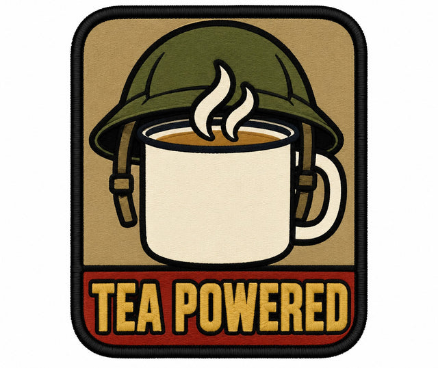 Tea Powered embroidered patch design preview – 110mm longest edge