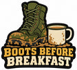 Boots Before Breakfast embroidered patch design preview – 120mm longest edge