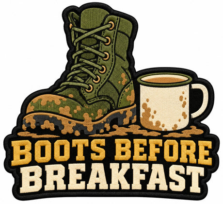 Boots Before Breakfast embroidered patch design preview – 120mm longest edge