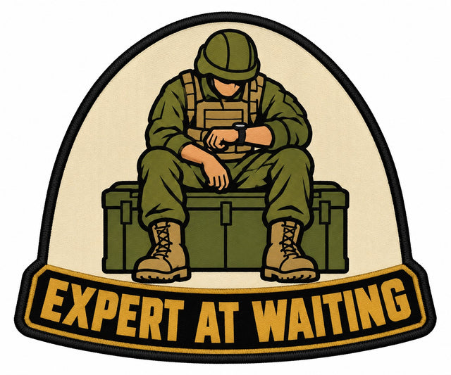Expert at Waiting embroidered patch design preview – 110mm longest edge