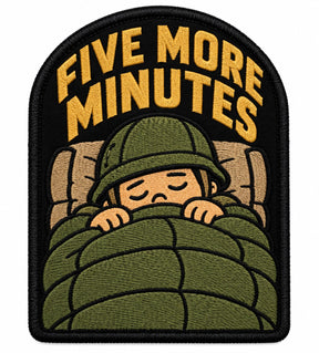 Five More Minutes embroidered patch design preview – 110mm longest edge