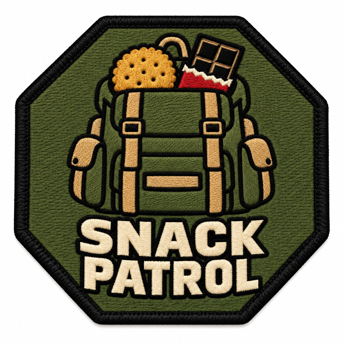 Snack Patrol embroidered patch design preview – 110mm longest edge