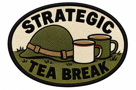 Strategic Tea Break embroidered patch design preview – 120mm longest edge