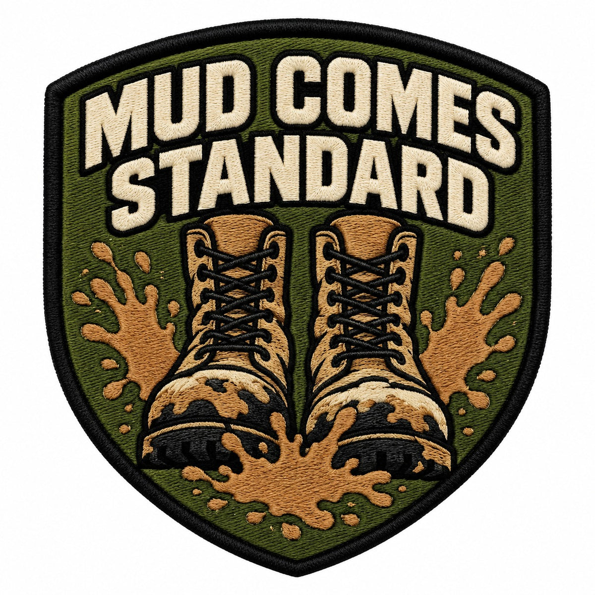Mud Comes Standard embroidered patch design preview – 110mm longest edge