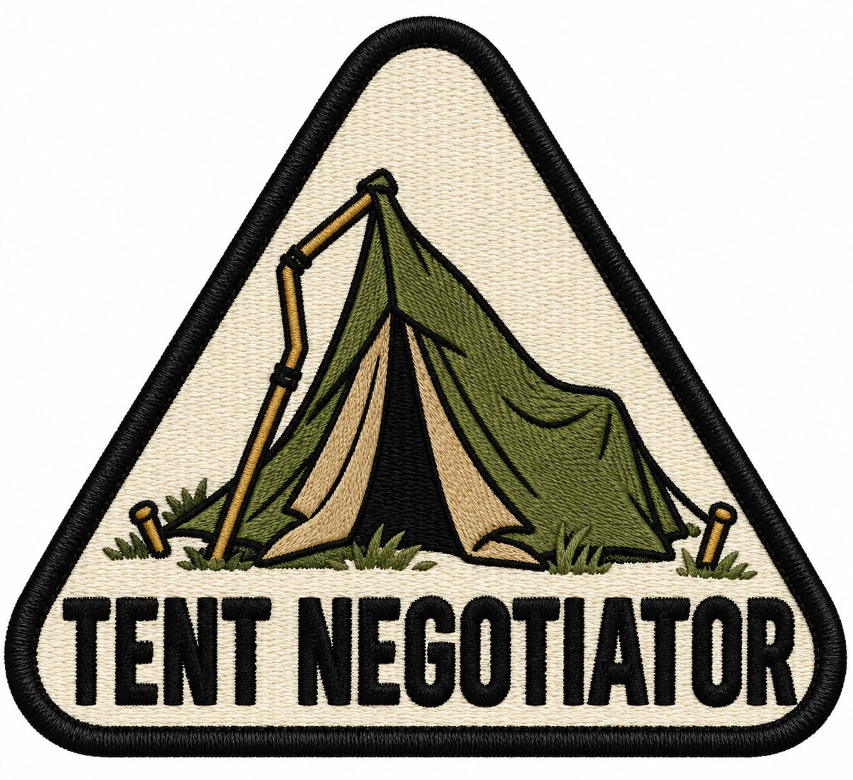 Tent Negotiator embroidered patch design preview – 110mm longest edge