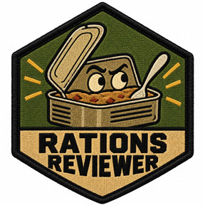 Rations Reviewer embroidered patch design preview – 110mm longest edge
