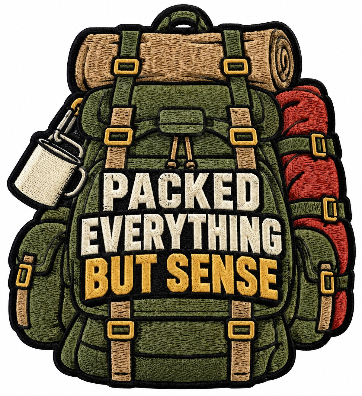 Packed Everything embroidered patch design preview – 110mm longest edge