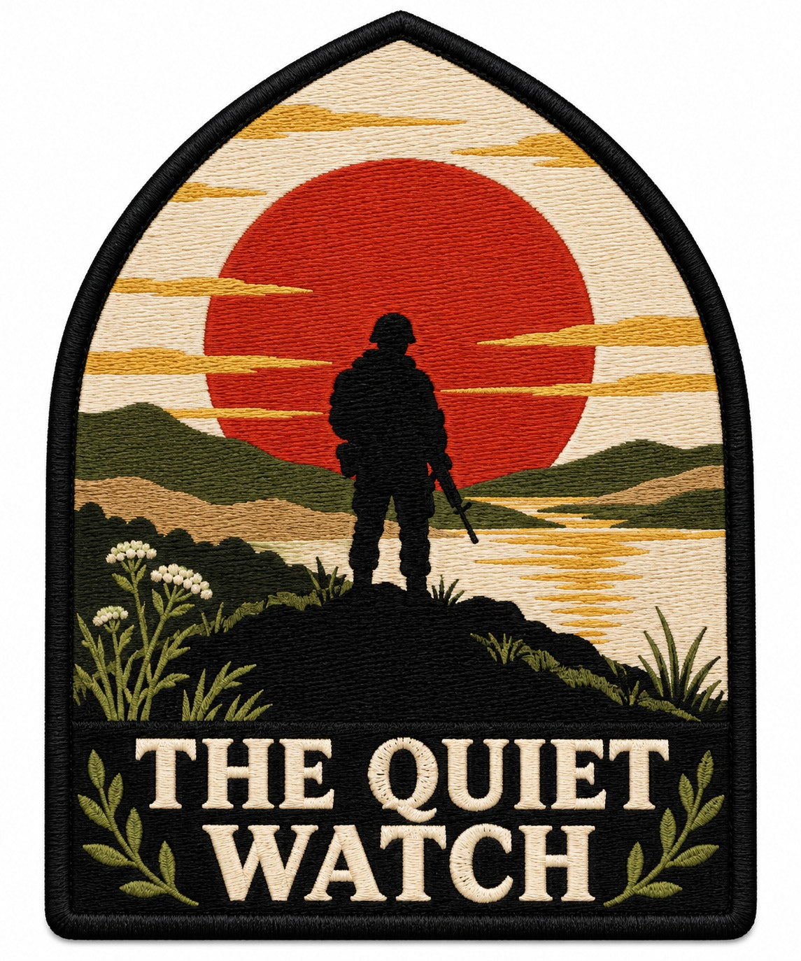 Quiet Watch embroidered patch design preview – 110mm longest edge