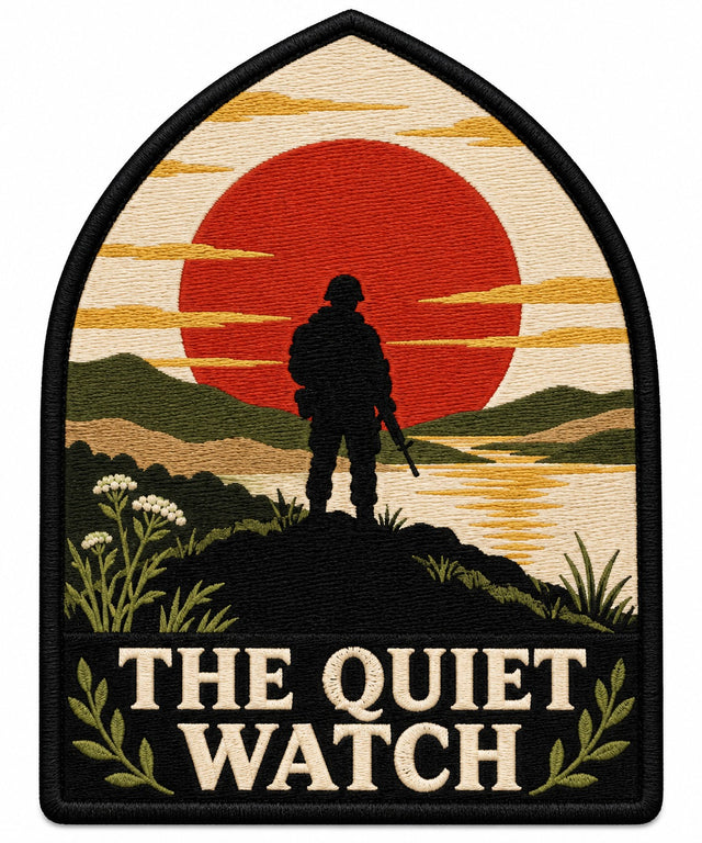 Quiet Watch embroidered patch design preview – 110mm longest edge