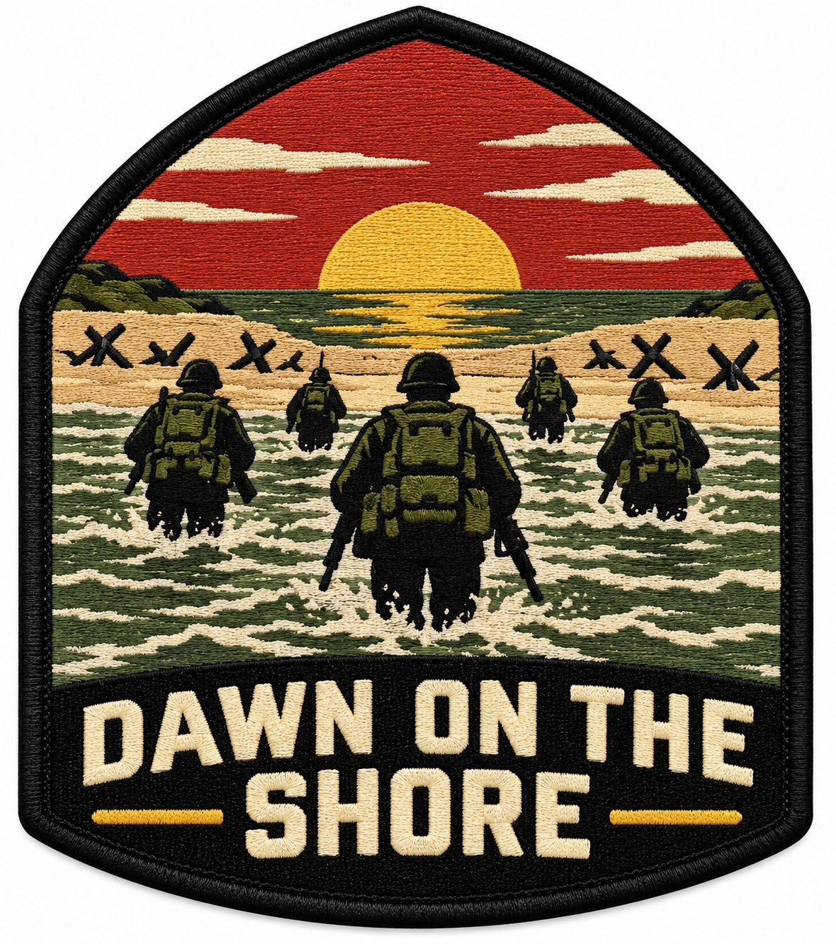 Dawn on the Shore embroidered patch design preview – 110mm longest edge