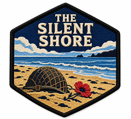 Silent Shore embroidered patch design preview – 110mm longest edge